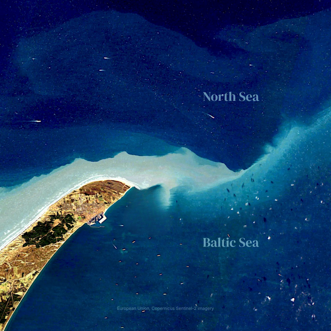 The North Sea and Baltic Sea meet at Skagen. The result of two currents operating is a beach at drift.