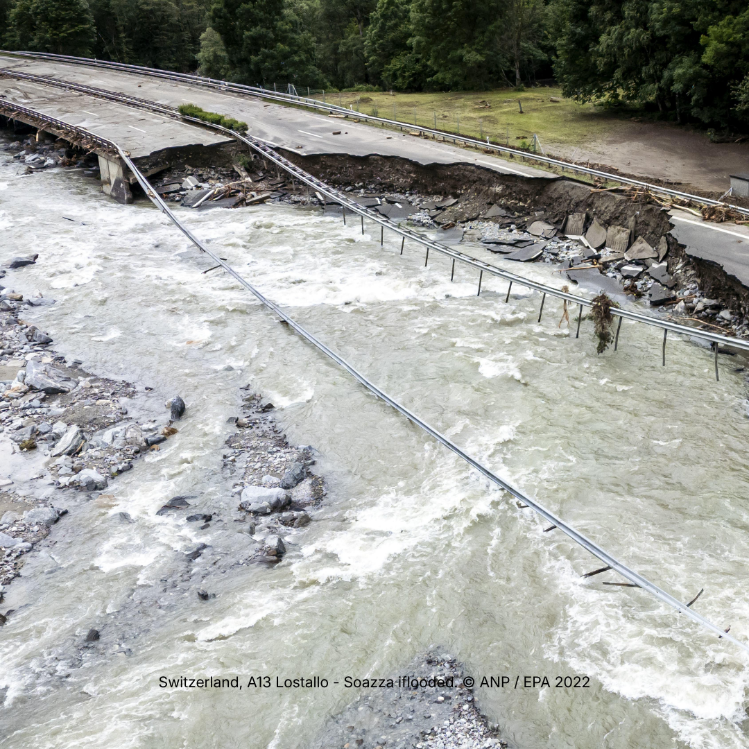 In June 2024, a section of Switzerland's A13 motorway, an important route linking north and south, has collapsed after violent storms and floods caused landslides. The road has been closed up til September 2024.