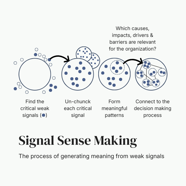 Diagram showing how the process of sense making of signals goes. From gathering to unchuncking, pattern recognition and linking the meaningful patterns to decisions